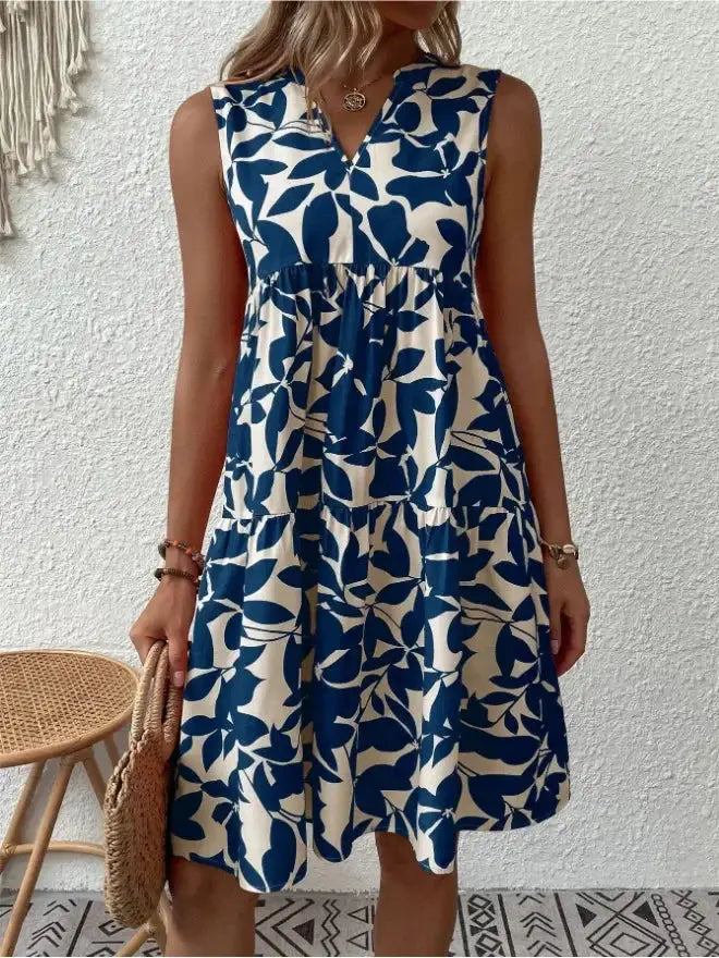 Women Boho Print Mini Dress Sleeveless V Neck Ruffle Beach Sundress