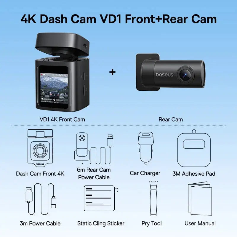 Baseus 4K VD1 Front+Rear dash cams; two black cameras with included charger and cables