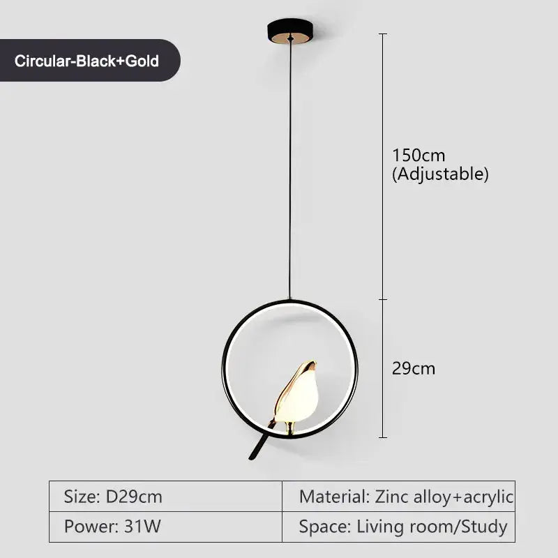Pendant light Rotatable Magpie Bird LED fixture, circular black+gold, zinc alloy+acrylic, Simples Market.