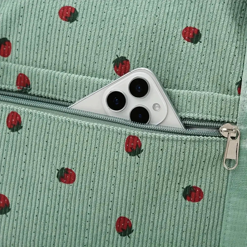 Strawberry travel bag, large-capacity corduroy crossbody luggage bag in mint green with strawberry print.