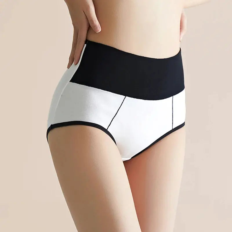 Cotton women's high-waist body shaper underwear, white with black waistband, plus-size