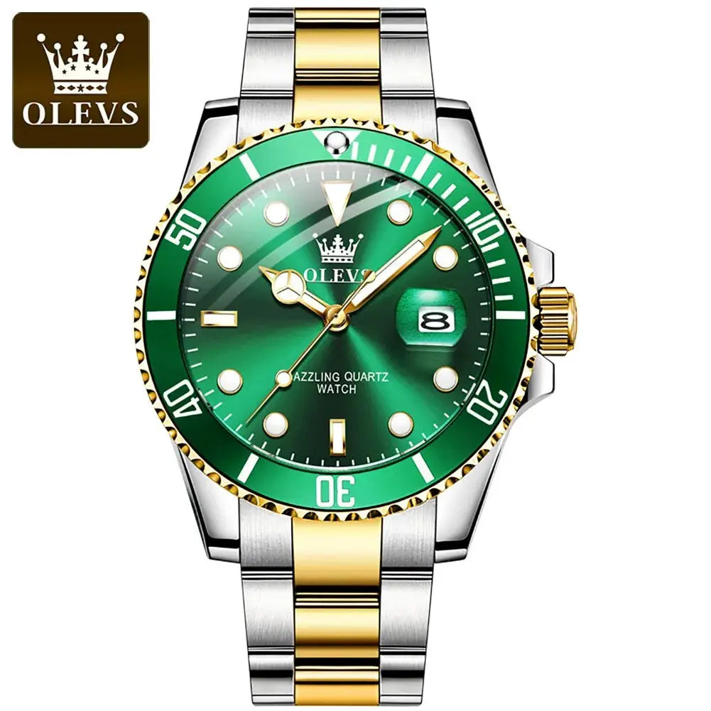 OLEVS Top Original Men Quartz Watch With Stainless Steel Band Green Dial Luminous Hands Water Resistant Luxury Timepiece