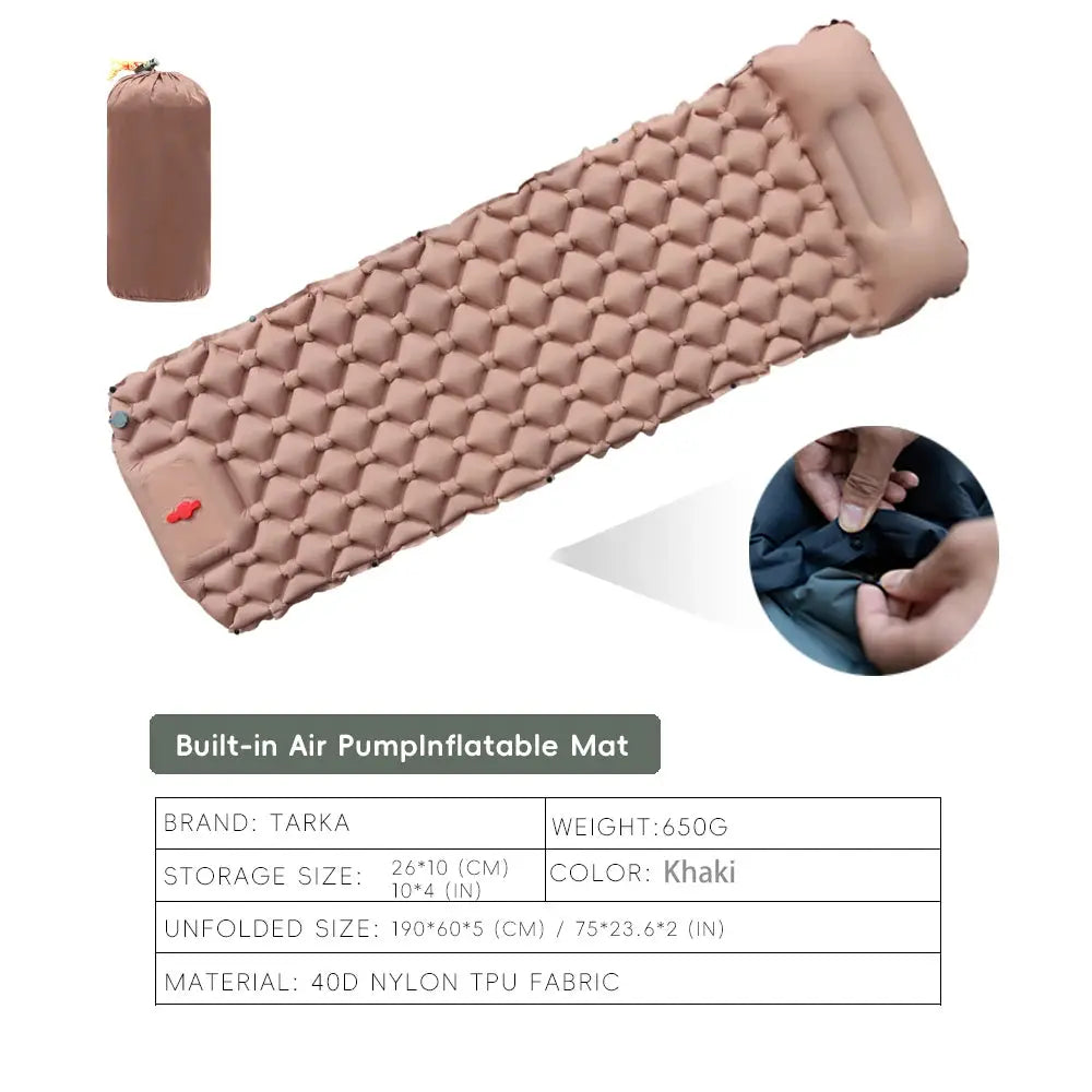 TARKA self-inflating camping mat with built-in pump, khaki, shown with rolled carry bag.