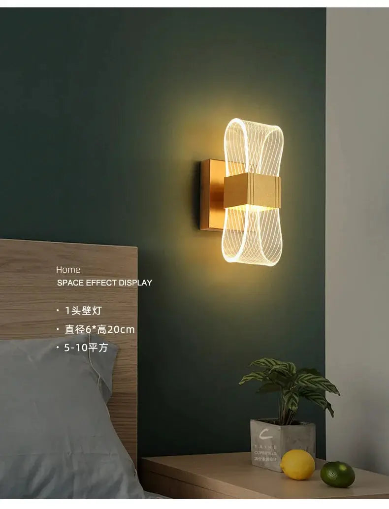 Nordic luxury LED bedside wall lamp in aluminum with a curved lattice design and warm glow