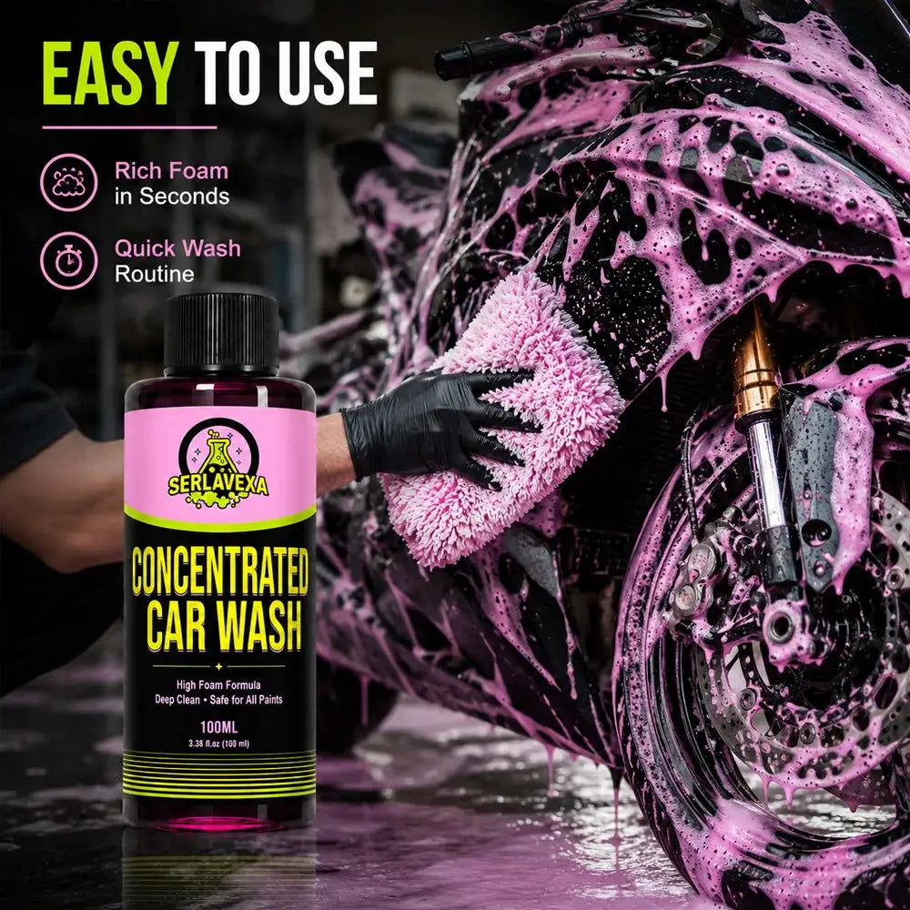 SERLAVEXA concentrated car wash liquid bottle, pink-labeled 100 ml, high-foam formula for exterior car care
