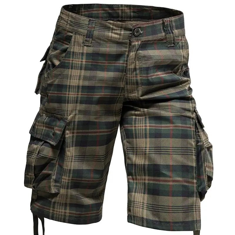 Men's plaid cotton cargo shorts in green olive tones with multiple pockets