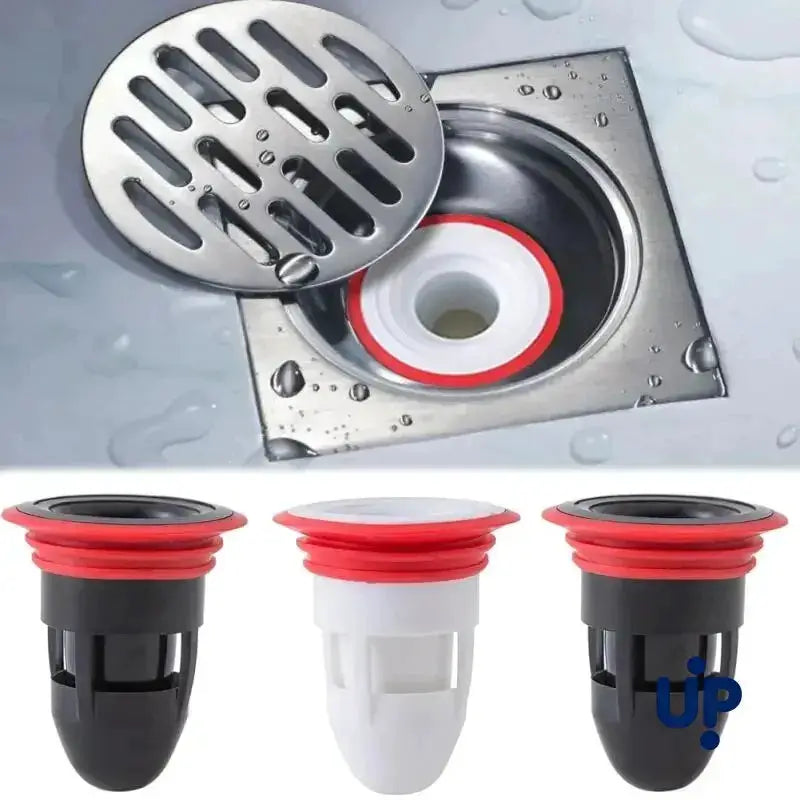Simples Market floor drain anti-odor core with red gasket; three variants shown (black, white, black).