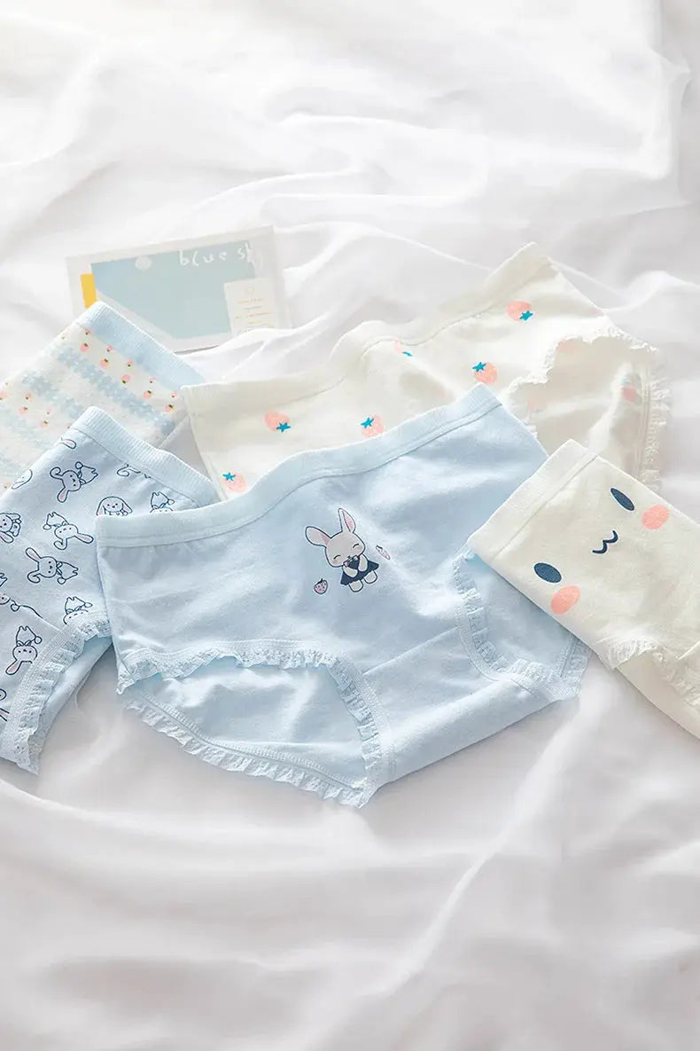 Simples Market cotton panties set of 5 pastel blue and white briefs with lace trim and cute prints