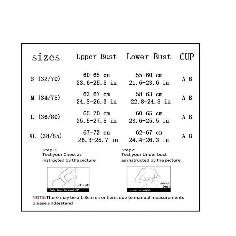 Cotton wireless V-Bra size chart by Simples Market showing upper and lower bust measurements for S–XL AB cups.