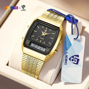 Gold-tone men's quartz watch with analog dial and digital dual-time display, 3-bar water resistance, LieBIG tag