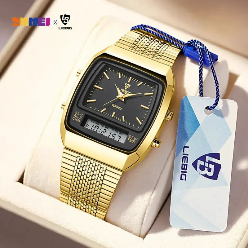 Gold-tone men's quartz watch with analog dial and digital dual-time display, 3-bar water resistance, LieBIG tag