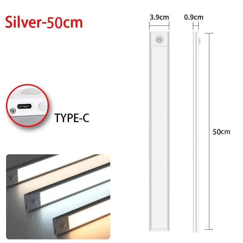 Simples Market LED motion sensor under-cabinet light, silver 50cm, USB Type-C, three color temperatures.