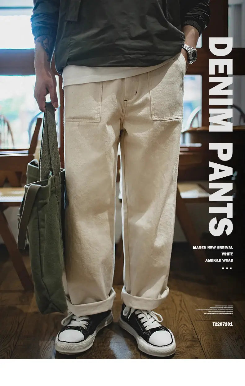 Maden Vintage white cottonseed hull jeans cargo pants, loose straight fit for men