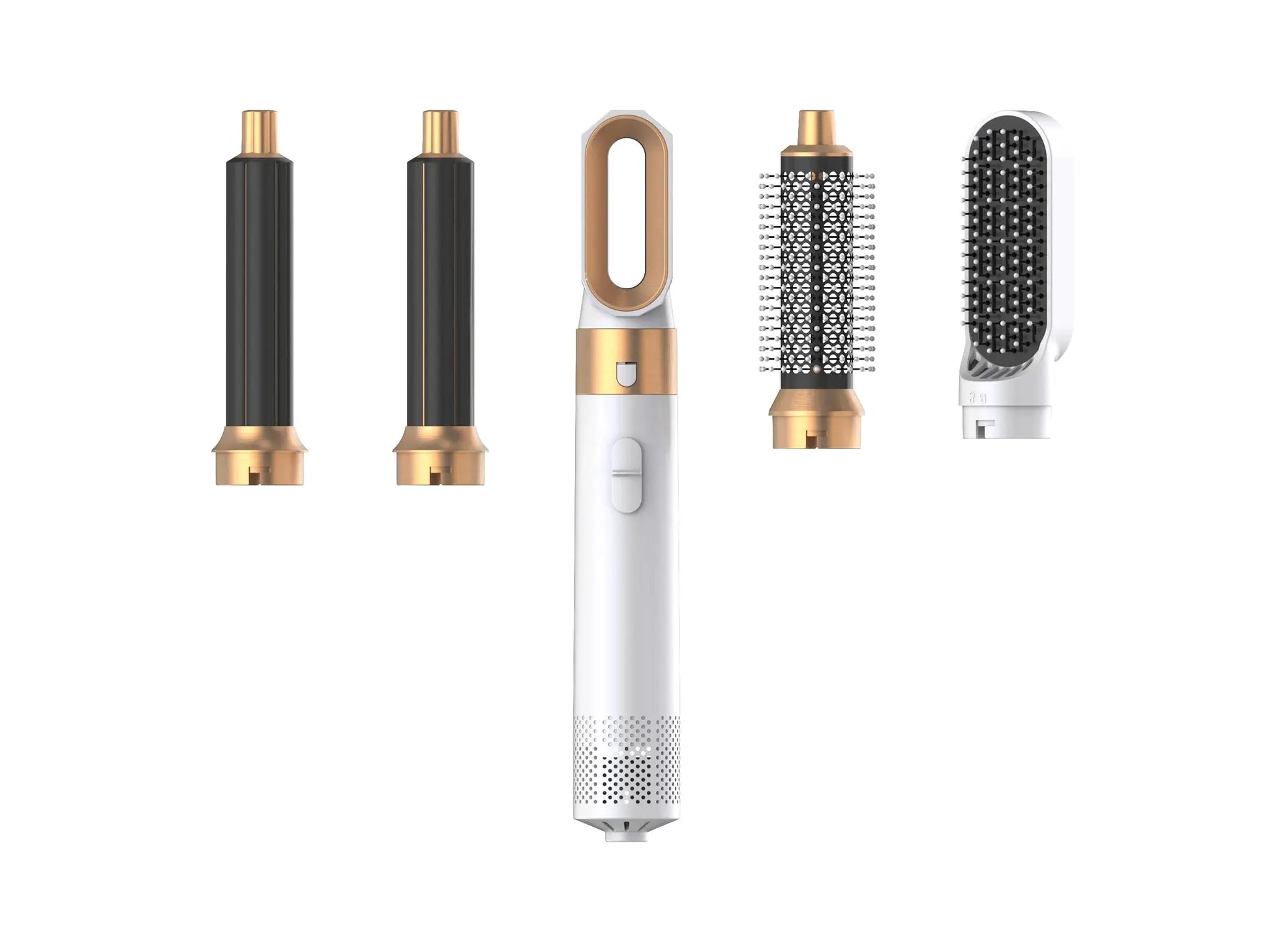 Simples Market 5-in-1 hair styler with five attachments, black and rose-gold barrels, white handle.