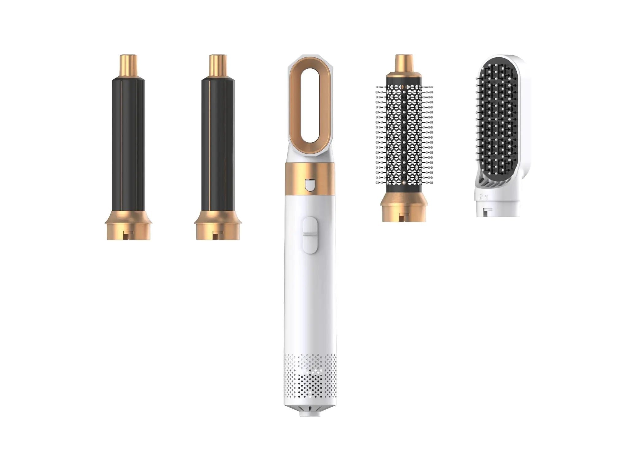 Simples Market 5-in-1 hair styler with five attachments, black and rose-gold barrels, white handle.