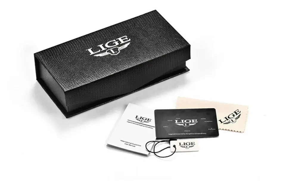 LIGE watch packaging set: black box with LIGE logo, manuals and warranty cards