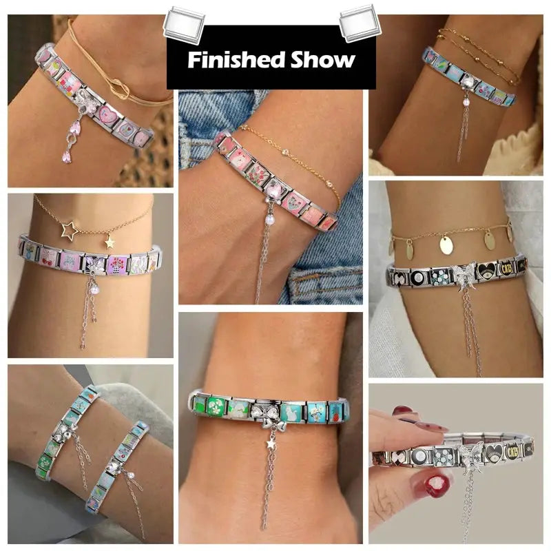Zircon Moon Cherry Bow Knot Butterfly Heart Star Italian Charm Links For 9mm Bracelet Stainless Steel DIY Jewelry Gifts
