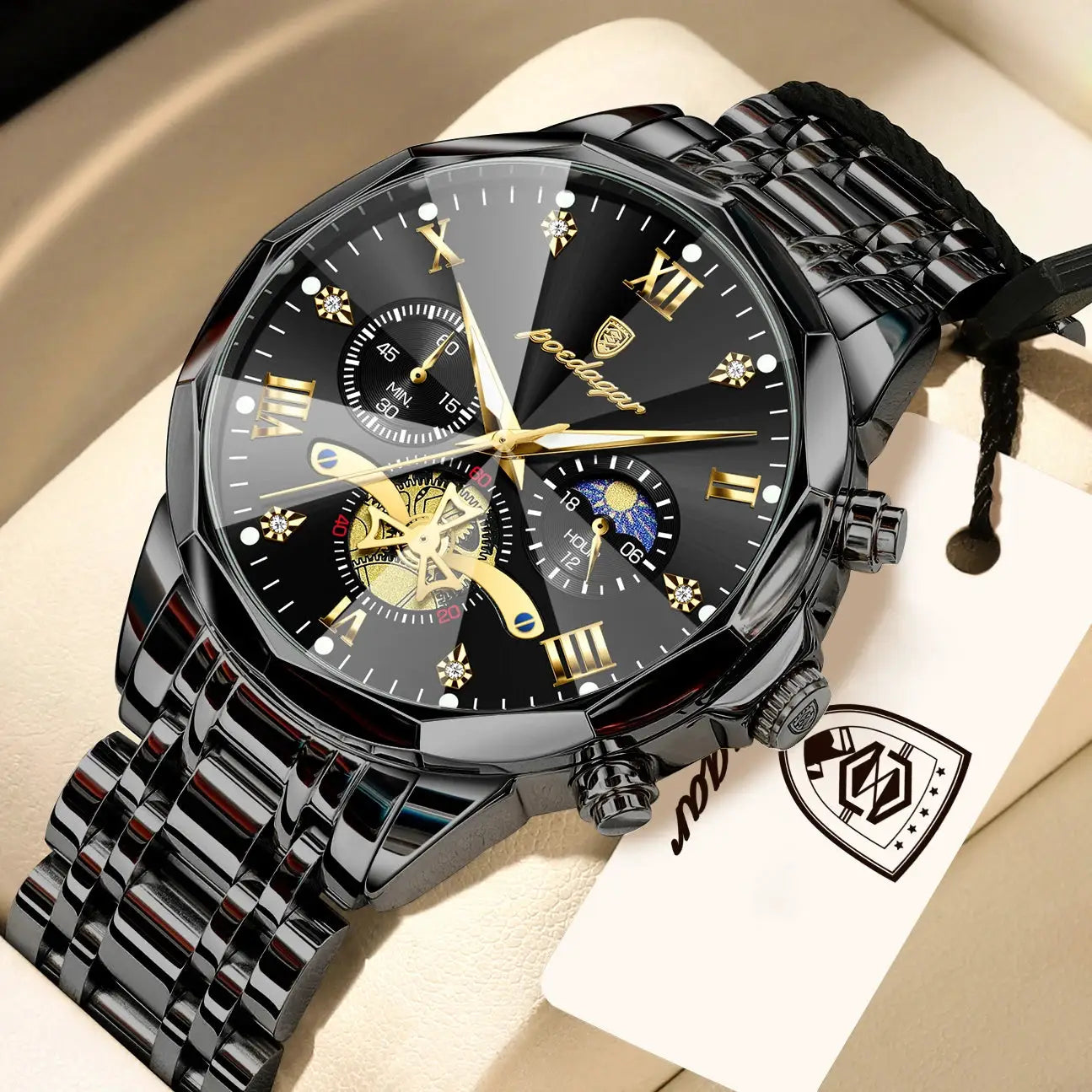 POEDAGAR Exquisite Business Mens Watch Waterproof Luminous Chronograph Luxury Stainless Steel Quartz Wristwatch