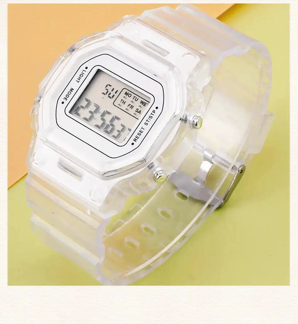 Clear silicone LED digital watch with square display for men and women.