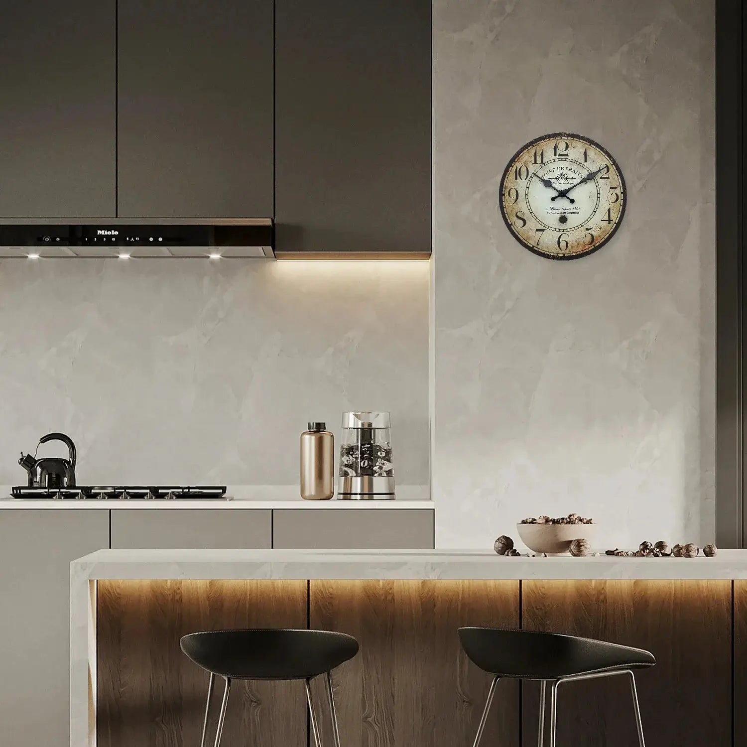 Vintage-style wooden wall clock with distressed beige dial, bold black numerals, and dark rim on a kitchen wall