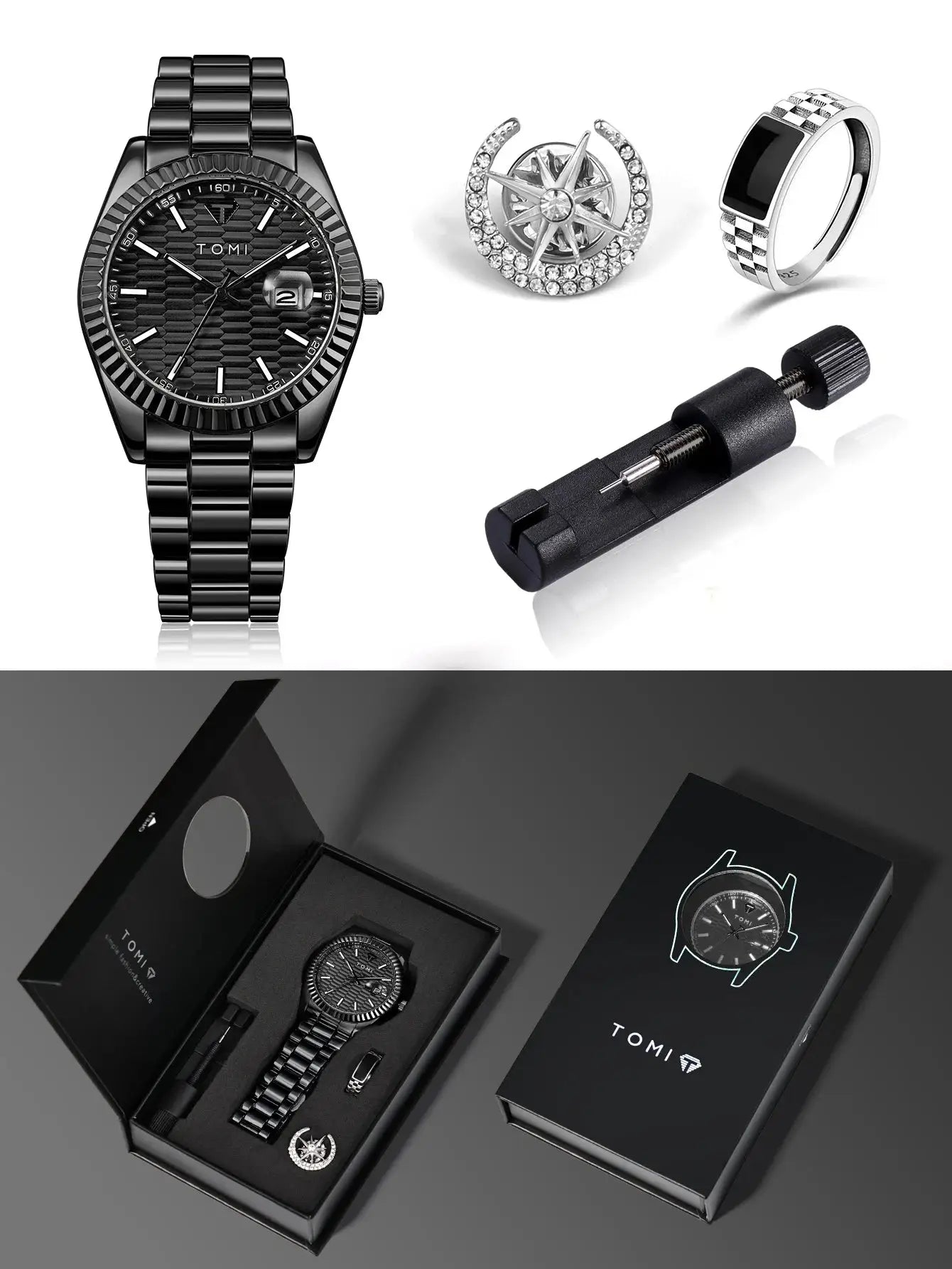 TOMI men's watch gift set includes black stainless steel watch, crystal ring, silver ring, and link remover in gift box