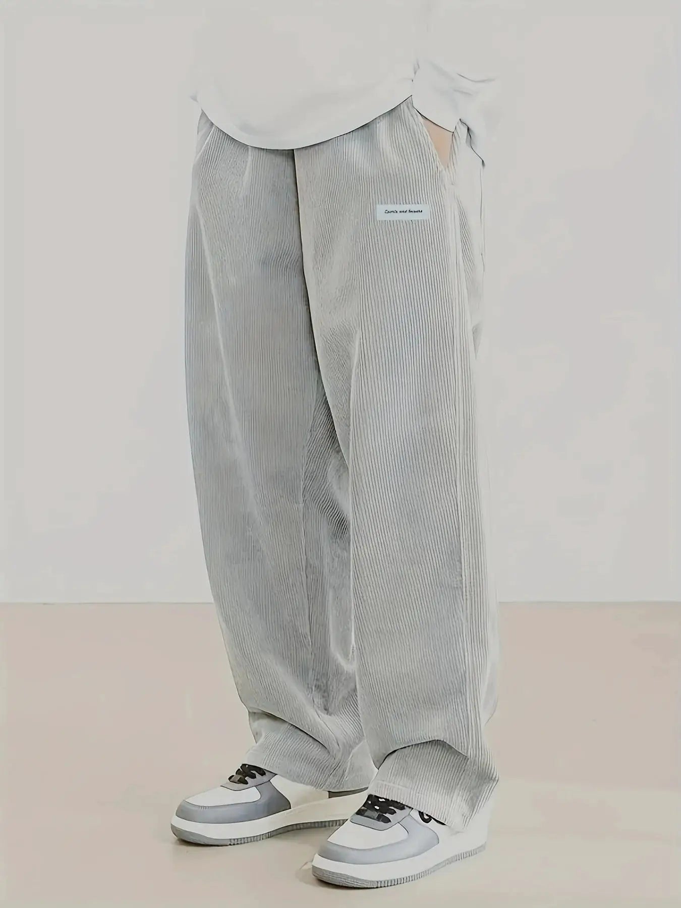 Men's light gray corduroy casual pants, loose straight fit with elastic waist and drawstring, autumn streetwear