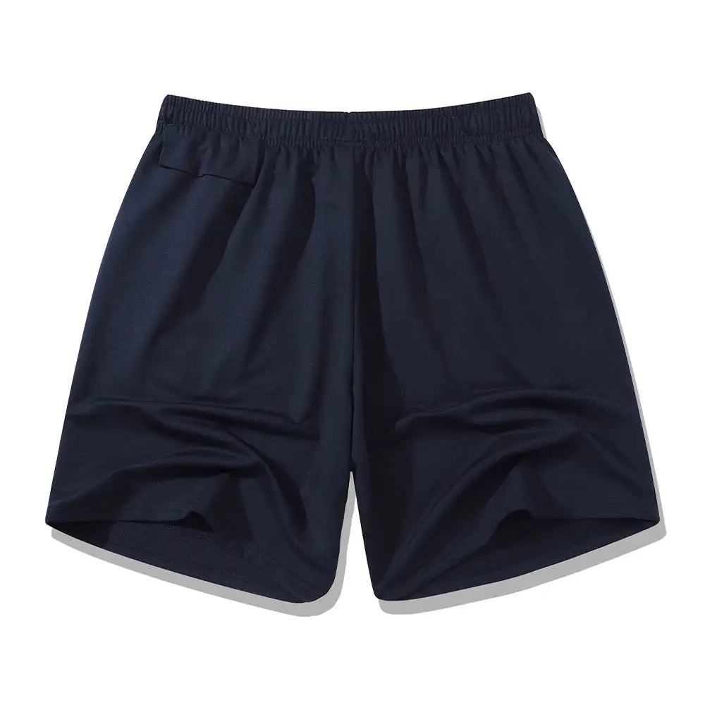 Men's navy athletic shorts with elastic waistband for gym workouts and running