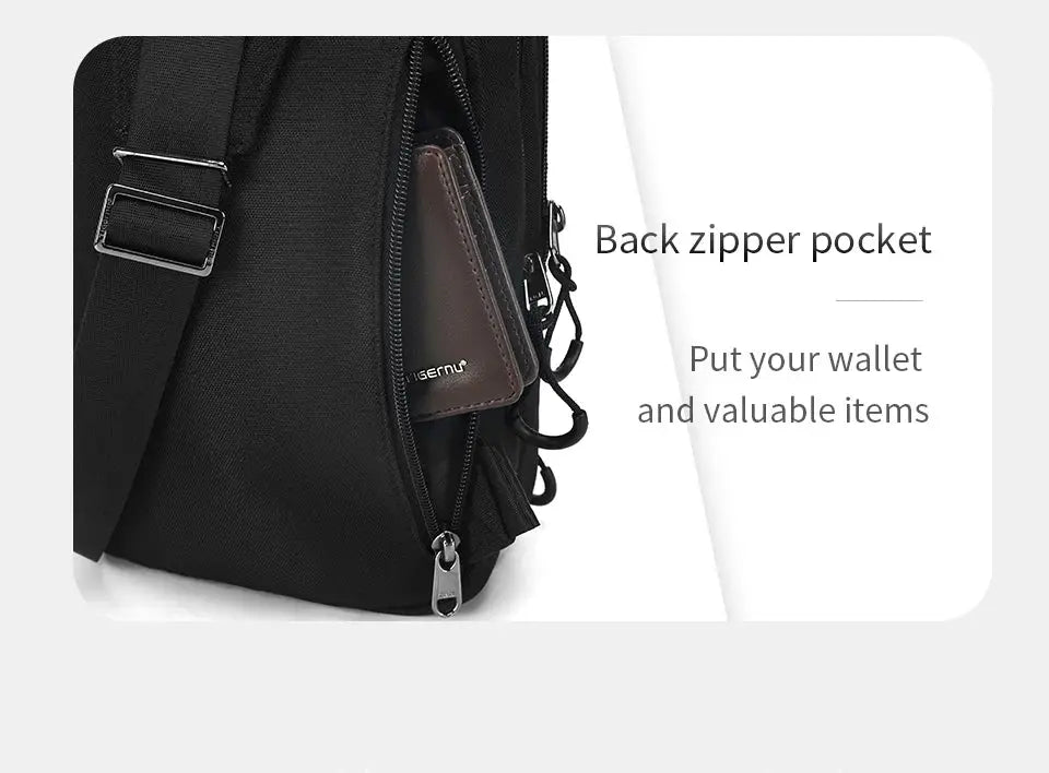Black Tigernu chest bag with back zipper pocket and brown wallet visible inside