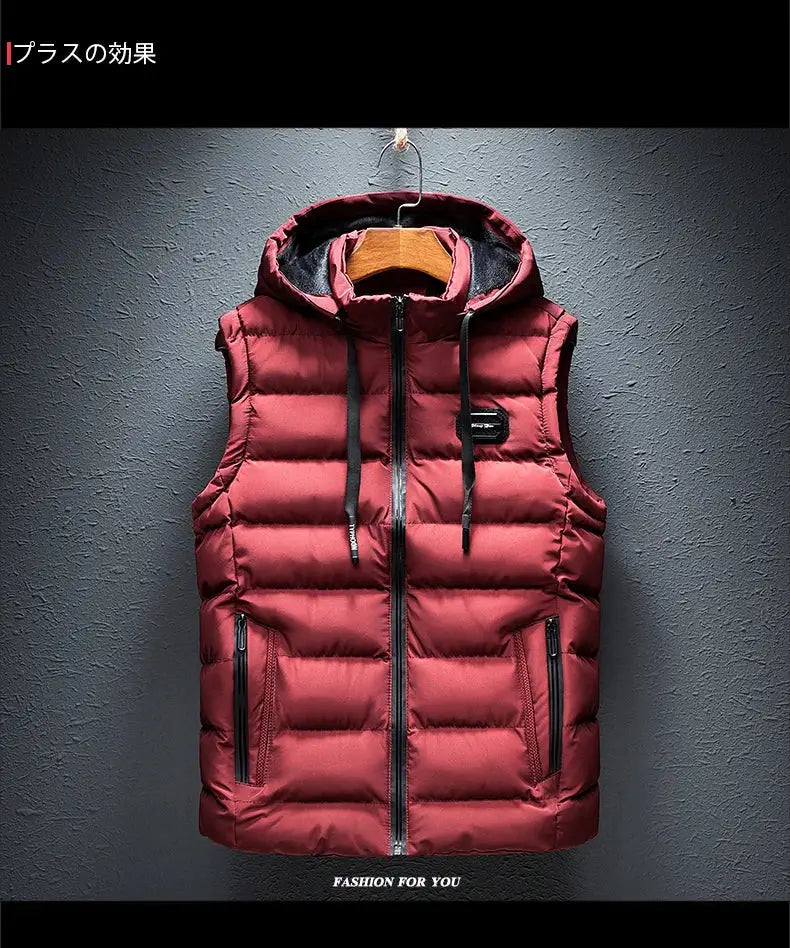 Men's red hooded puffer vest with black zipper, two zippered pockets, and adjustable drawstrings.