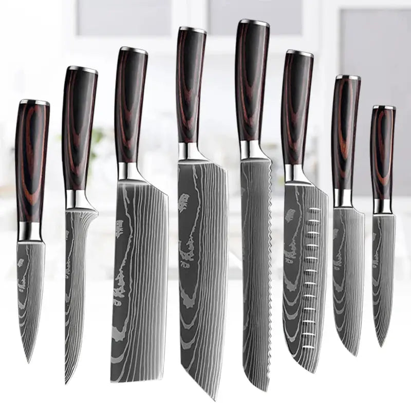 Professional Laser Damascus Kitchen Knife With Wood Handle For Bread Fruit Fish Meat Boning And Slicing