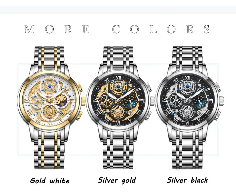LIGE men's skeleton chronograph watches set of 3 in stainless steel bracelets: gold/white, silver/gold, silver/black