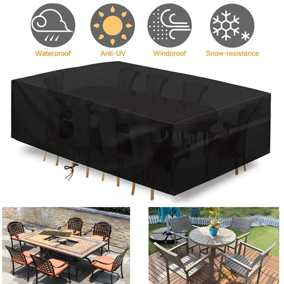 Simples Market heavy-duty waterproof rectangular patio cover for outdoor dining set sofa table chairs windproof black.