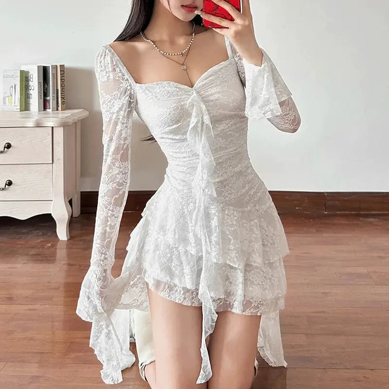 Nocturne Atelier Goth Lace Fairycore A Line Dress With Flare Sleeve Square Neck Irregular Hem For Cyber Y2K Party