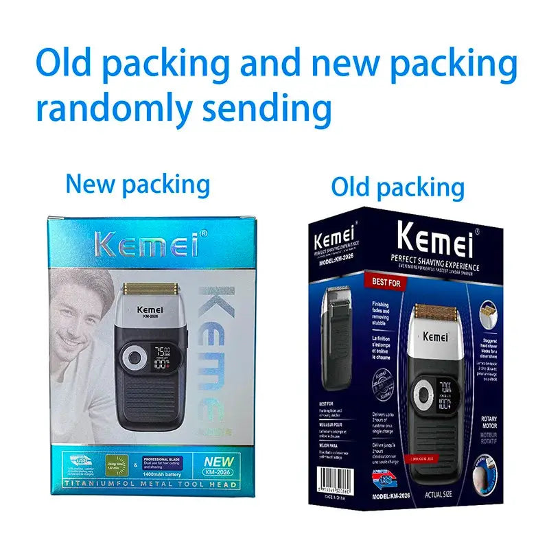 Kemei electric shaver boxes (2) with new and old blue packaging designs