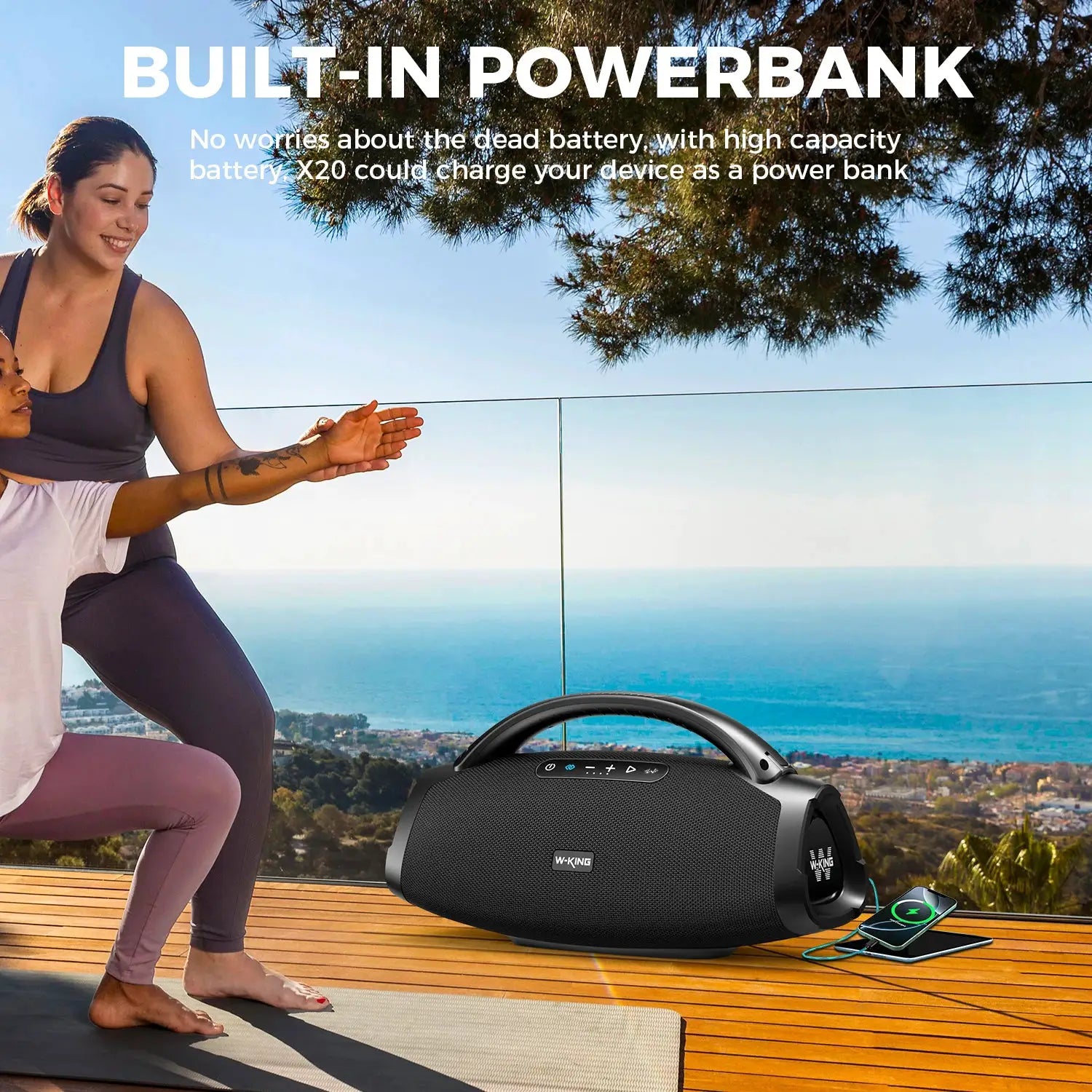 W-KING X20 200W RMS portable Bluetooth speaker with built-in power bank, black outdoor party boombox.