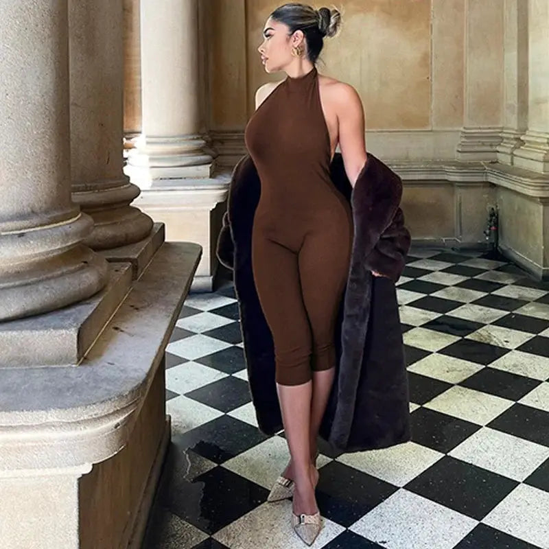 Simples Market Hugcitar ribbed halter backless brown jumpsuit with button detail, bodycon.