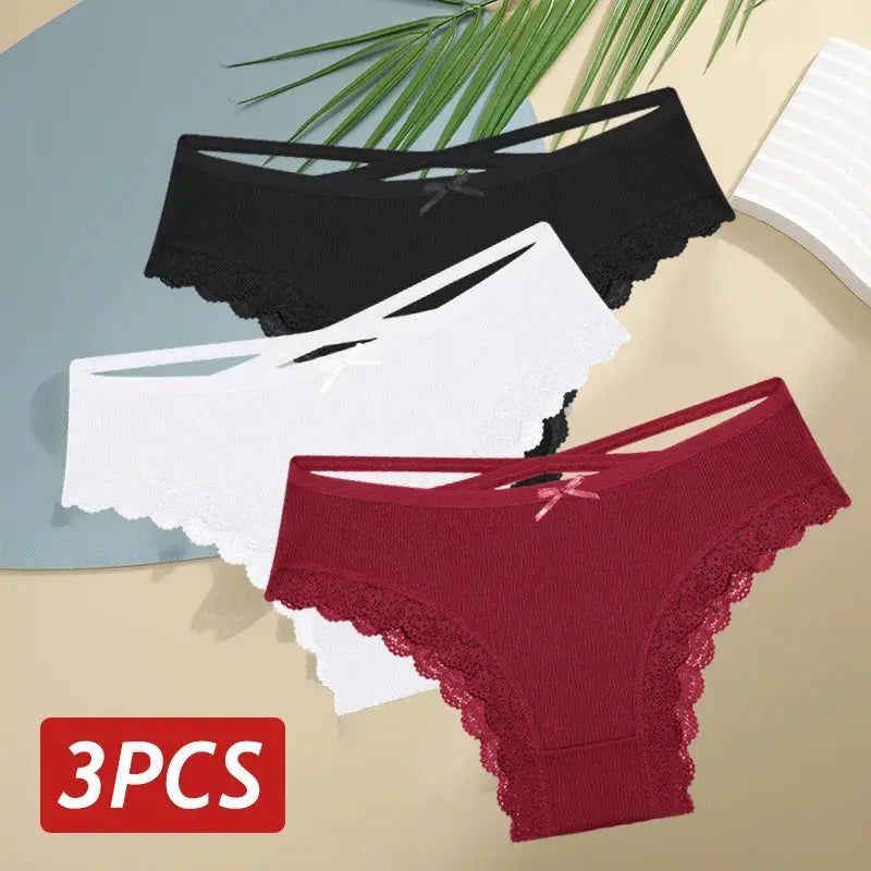 3-pack women's cotton lace panties in black, white and red with bow, low-rise Brazilian style