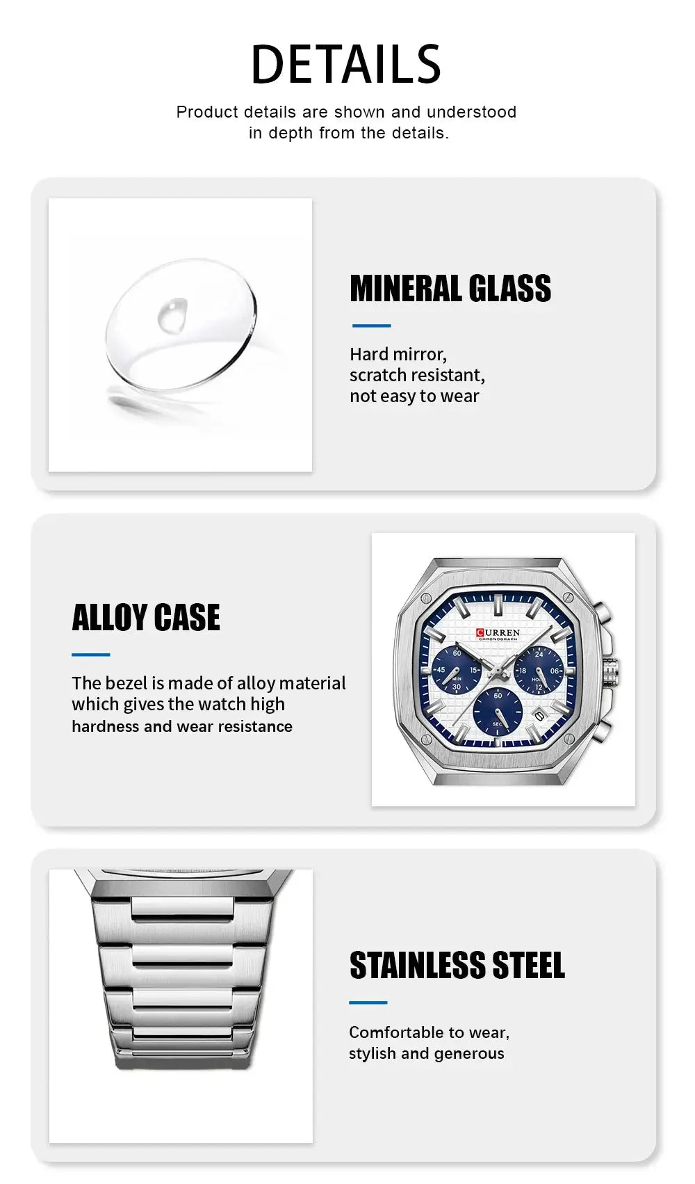 Curren square stainless steel chronograph watch with date, mineral glass, alloy case, and stainless steel bracelet.