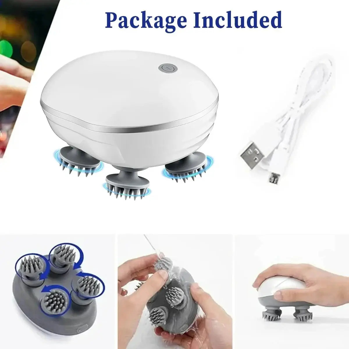 Simples Market 2-in-1 electric scalp cleaner and pet massager with four rotating brush heads, white.