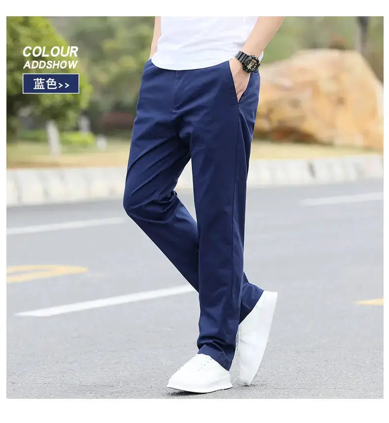 Men's navy cotton chinos by Simples Market, breathable straight fit, sizes W28–W40.