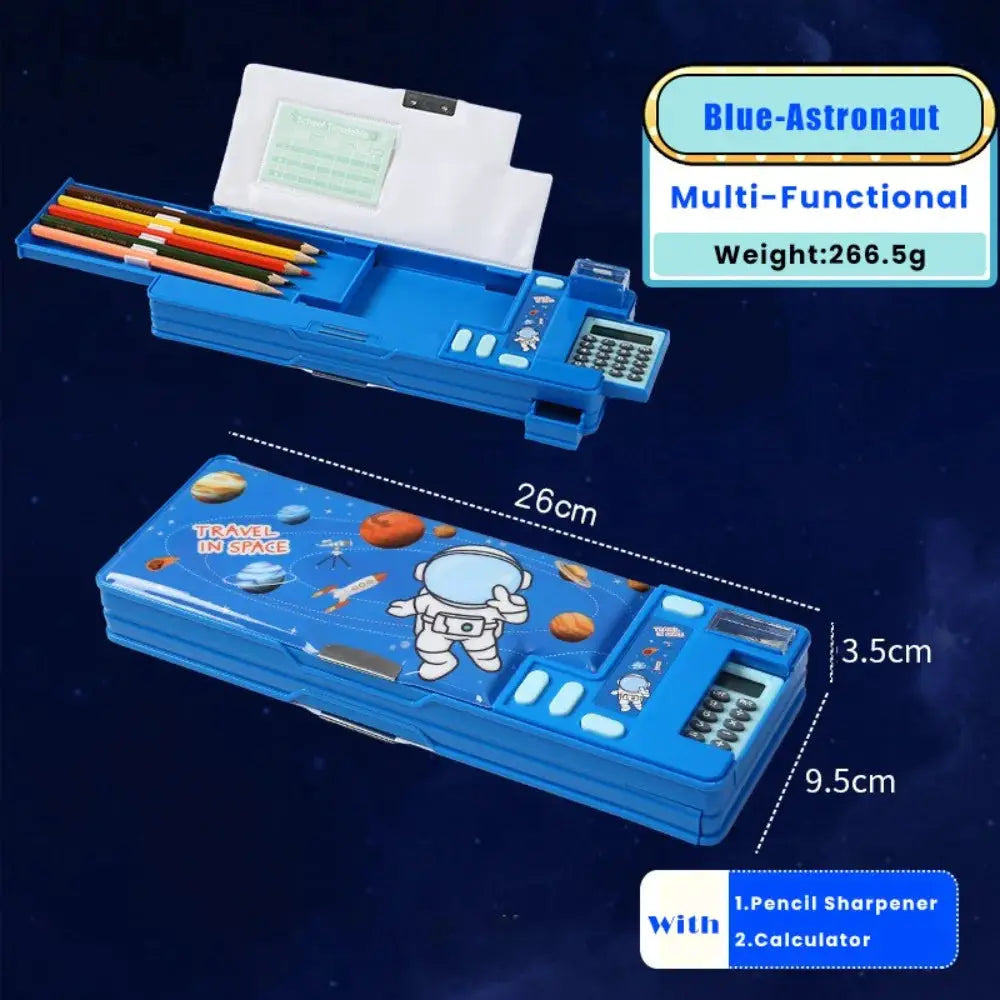 Blue plastic pencil case with built-in calculator and pencil sharpener; space-themed double-sided design