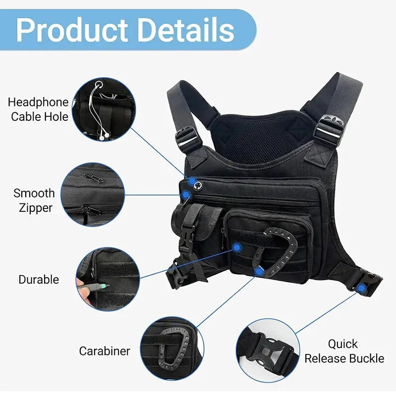 Simples Market black outdoor tactical chest bag, multi-pocket EDC chest pack with quick-release buckle