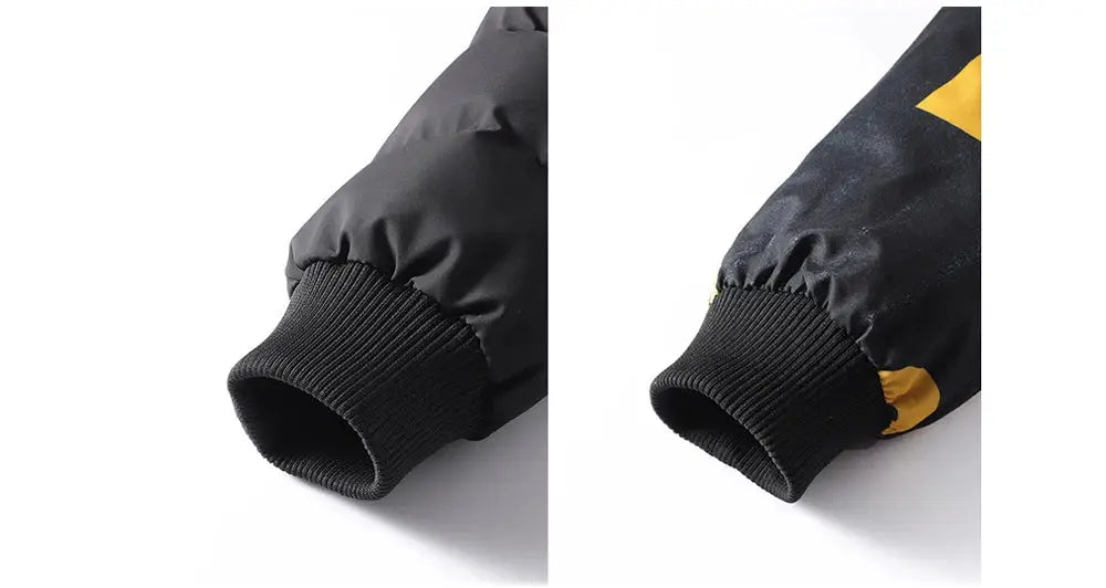 DIMUSI padded winter jacket sleeve with black ribbed cuff and yellow accent on dark fabric