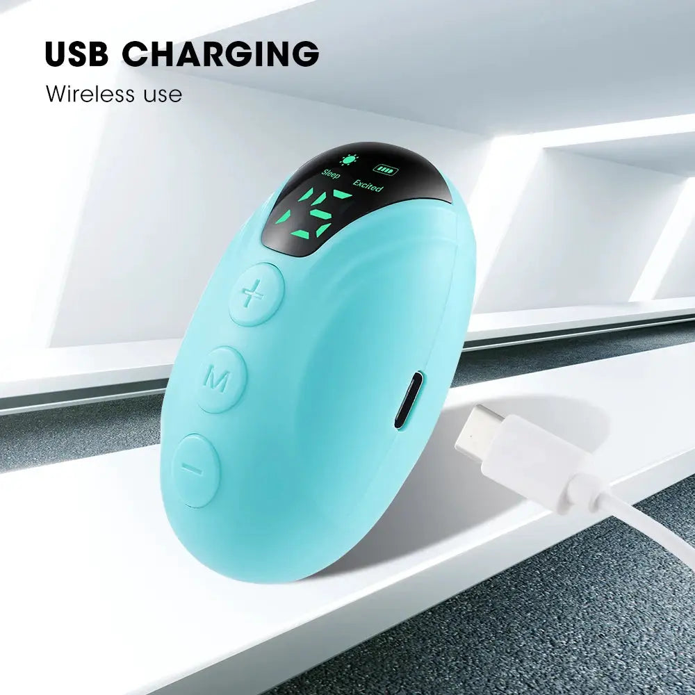 Sleep aid handheld device for insomnia relief, turquoise color with USB charging.