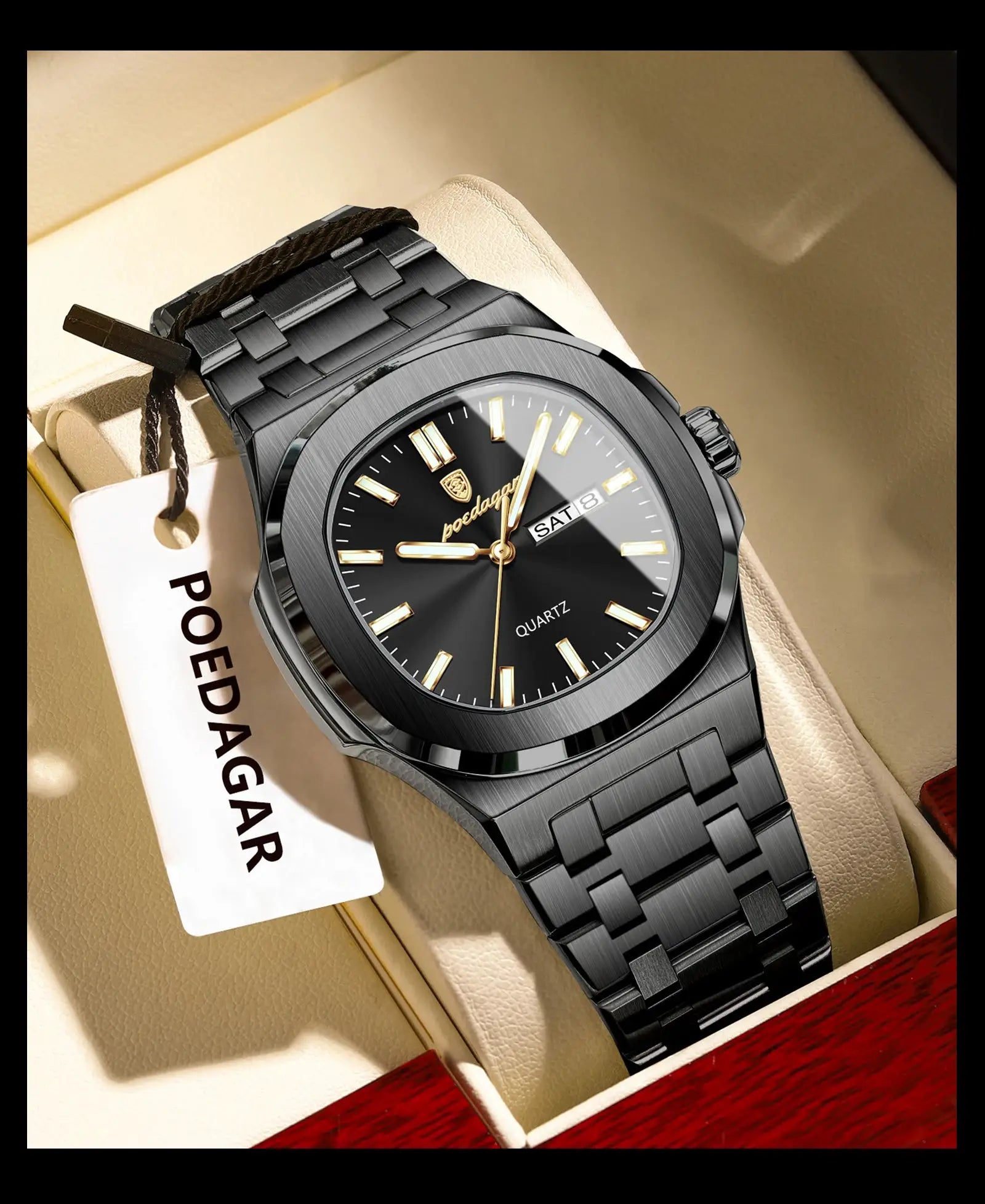 POEDAGAR luxury square men's stainless steel wristwatch with black dial, gold-tone markers and date window