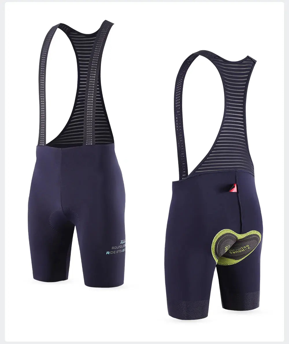 Simples Market men's cycling bib shorts in navy with breathable mesh straps and padded chamois.