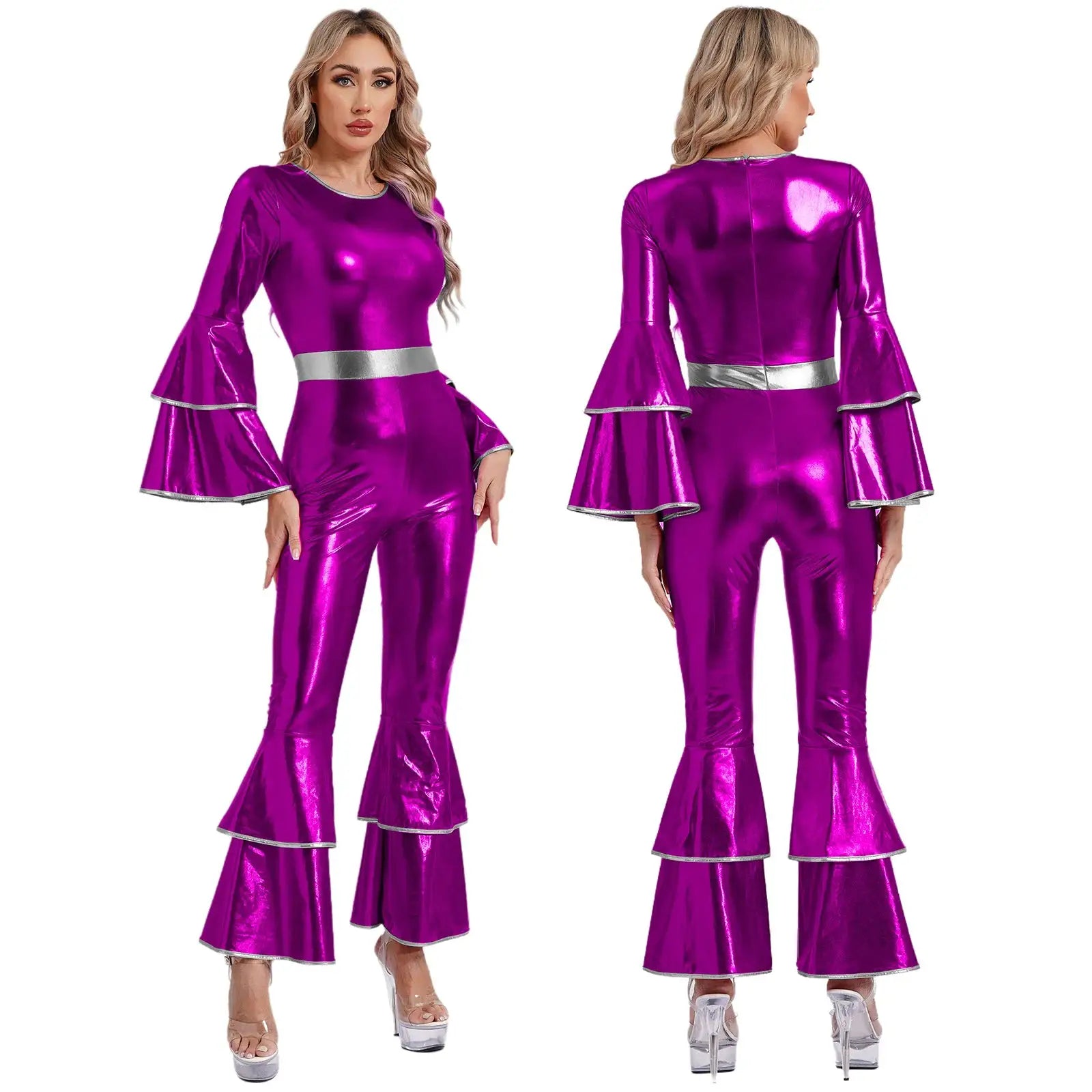 Womens metallic magenta disco jumpsuit with silver belt and bell sleeves