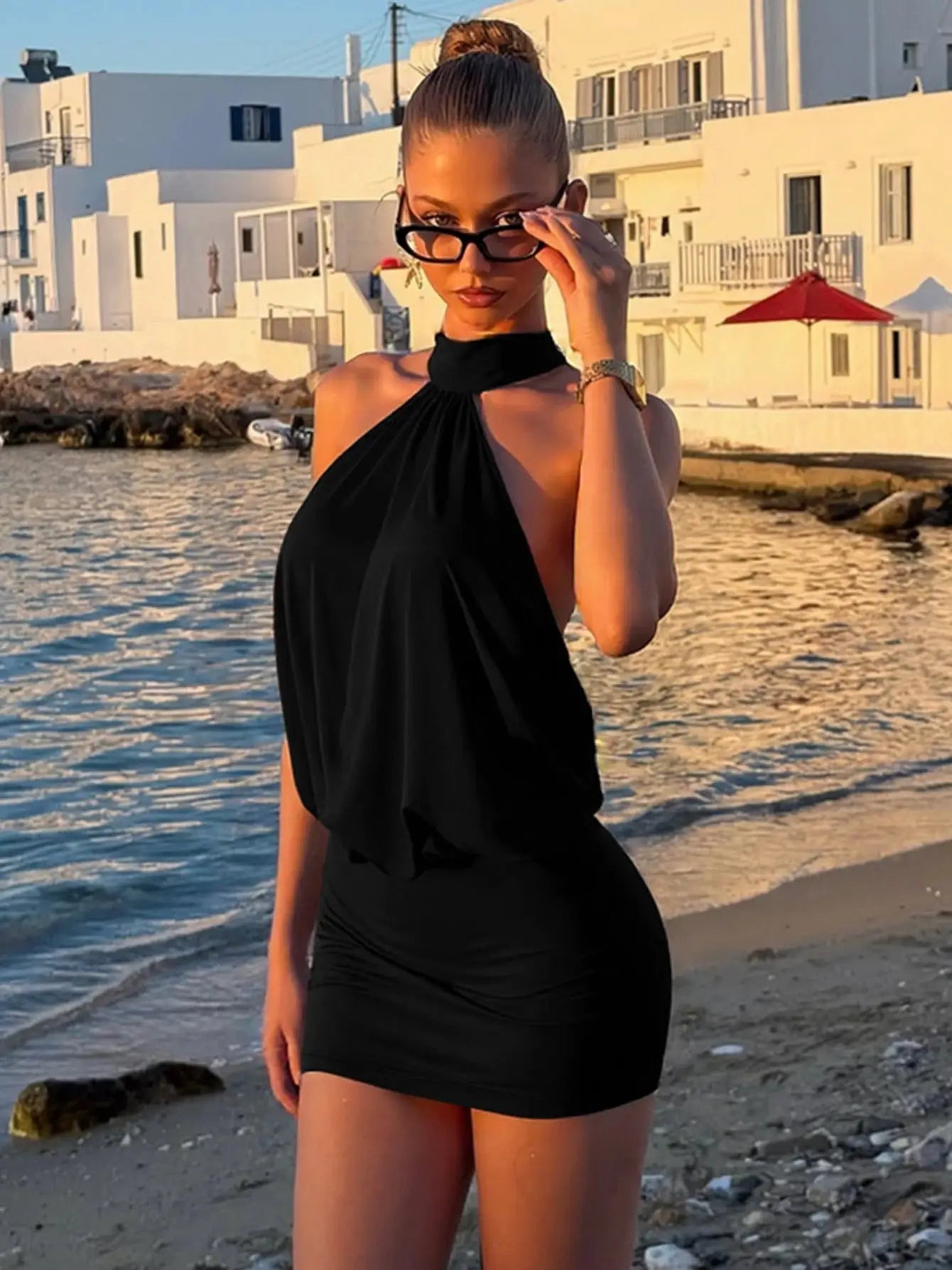 Dulzura Halter Backless Lace Up Bodycon Mini Dress Womens Party Club