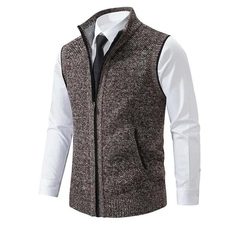 Men's knitted sleeveless zippered cardigan vest in brown speckled knit with stand collar