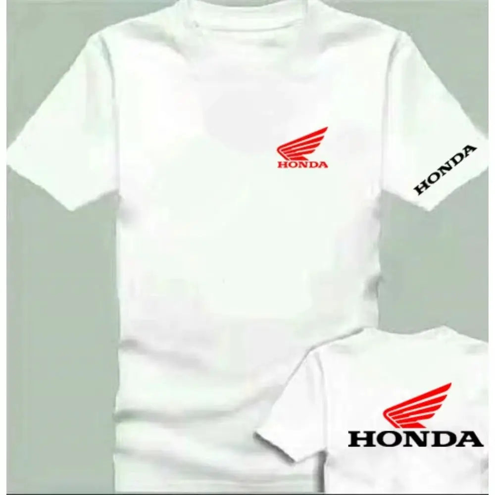 Two white Honda logo T-shirts with red wing emblem on chest and sleeve, Simples Market